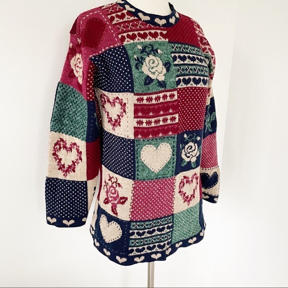 Vintage Crewneck Pullover Knit Sweater Floral Heart Patches Women Size XS Small - Picture 3 of 7